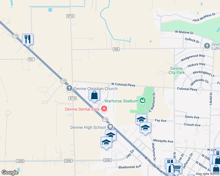 map of restaurants, bars, coffee shops, grocery stores, and more near 1030 County Road 7610 in Devine