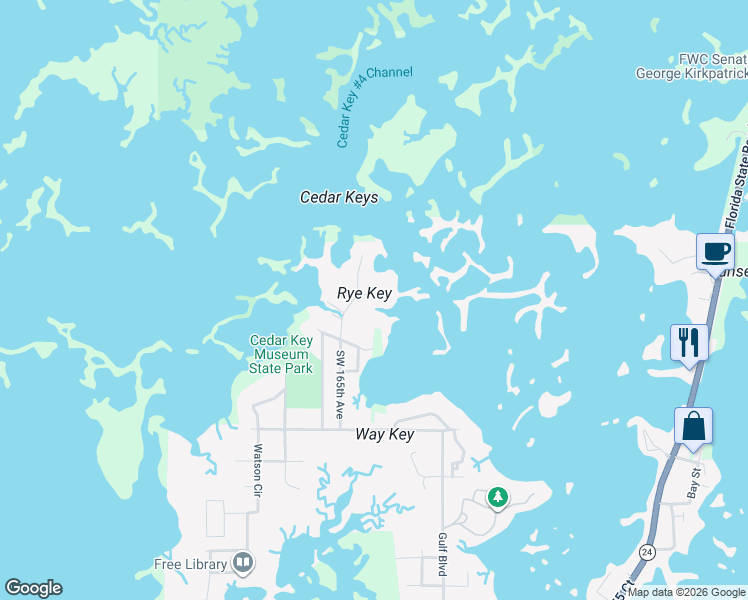 map of restaurants, bars, coffee shops, grocery stores, and more near 11871 Osprey Circle in Cedar Key