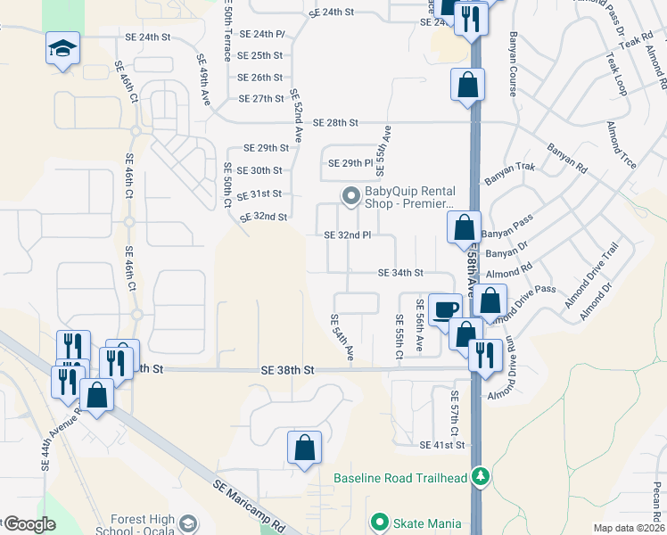 map of restaurants, bars, coffee shops, grocery stores, and more near 3367 Southeast 53rd Court in Ocala