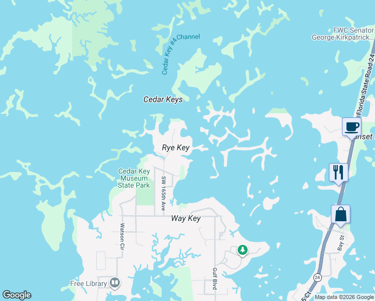 map of restaurants, bars, coffee shops, grocery stores, and more near 11871 Osprey Circle in Cedar Key