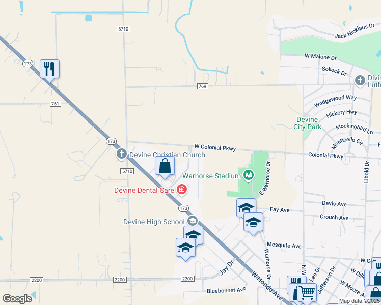 map of restaurants, bars, coffee shops, grocery stores, and more near 1030 County Road 7610 in Devine