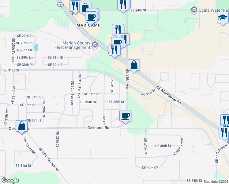 map of restaurants, bars, coffee shops, grocery stores, and more near 3424 Southeast 34th Street in Ocala