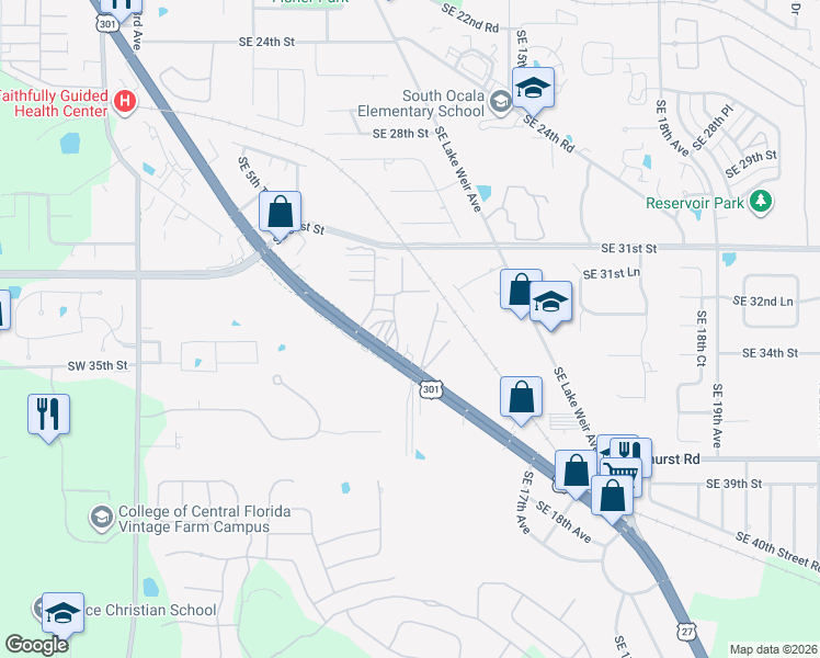 map of restaurants, bars, coffee shops, grocery stores, and more near 3400 Southeast 11th Avenue in Ocala