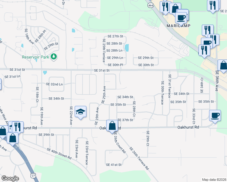 map of restaurants, bars, coffee shops, grocery stores, and more near 2620 Southeast 33rd Street in Ocala