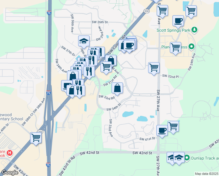 map of restaurants, bars, coffee shops, grocery stores, and more near 3231 Southwest 34th Avenue in Ocala
