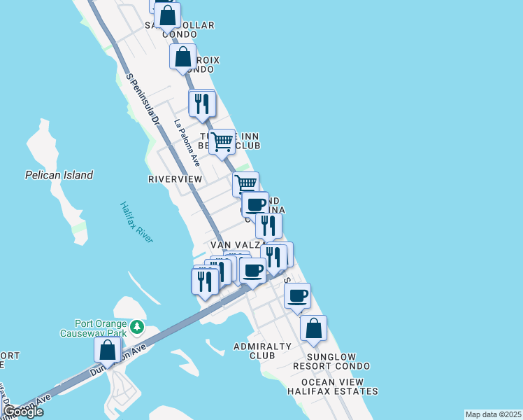 map of restaurants, bars, coffee shops, grocery stores, and more near 3343 South Atlantic Avenue in Daytona Beach