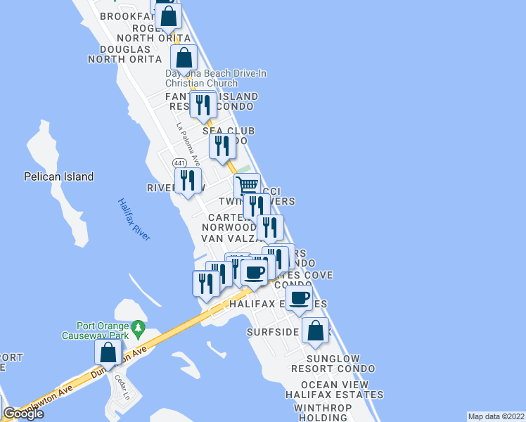 map of restaurants, bars, coffee shops, grocery stores, and more near 3343 South Atlantic Avenue in Daytona Beach