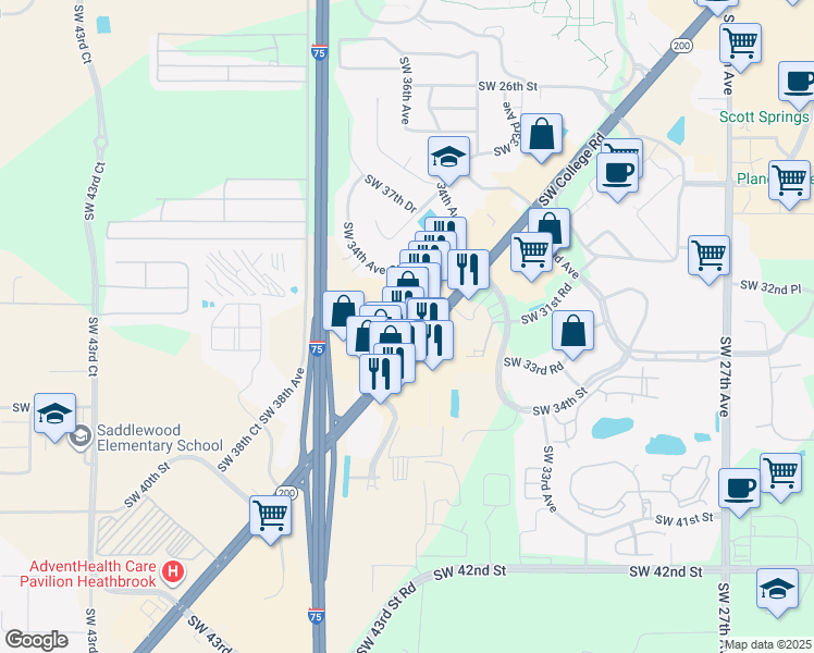map of restaurants, bars, coffee shops, grocery stores, and more near 3451 Southwest College Road in Ocala