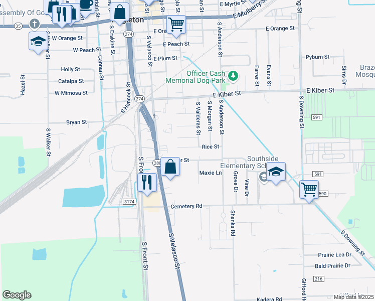 map of restaurants, bars, coffee shops, grocery stores, and more near 413 Dwyer Street in Angleton