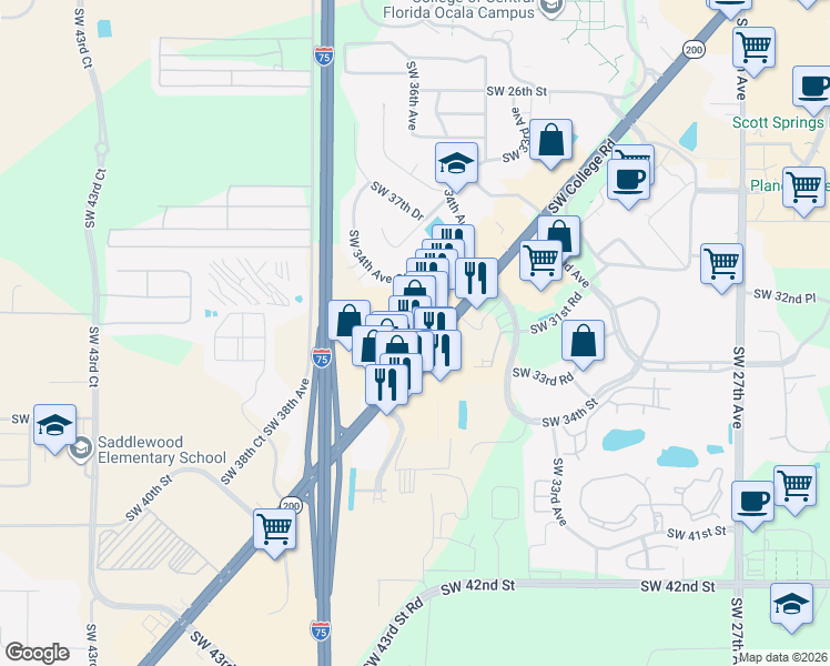 map of restaurants, bars, coffee shops, grocery stores, and more near 3451 Southwest College Road in Ocala