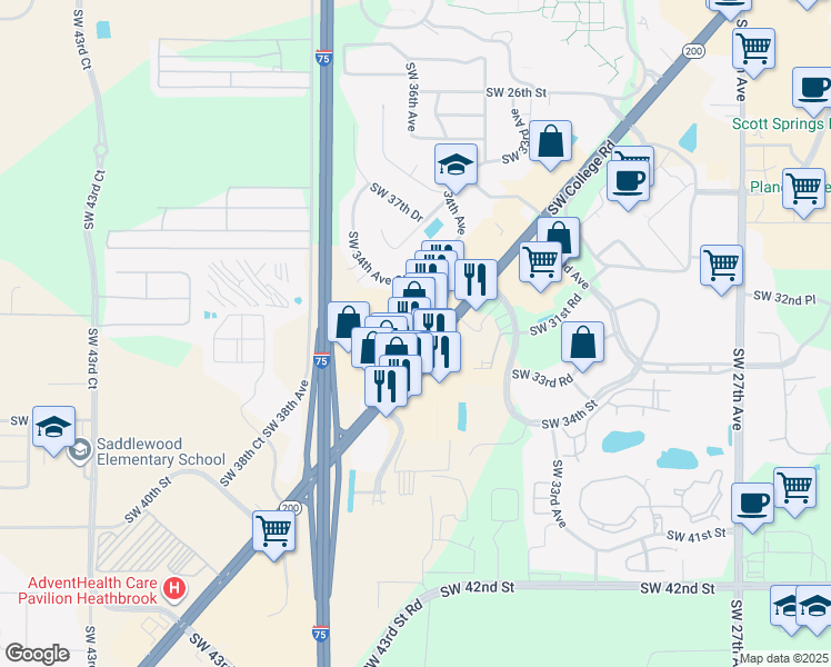 map of restaurants, bars, coffee shops, grocery stores, and more near 3535 Southwest College Road in Ocala