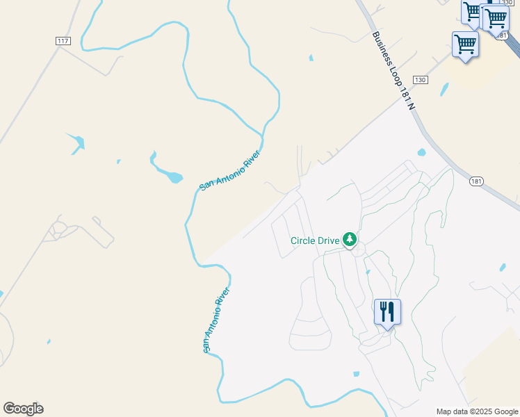 map of restaurants, bars, coffee shops, grocery stores, and more near 101 Fairway Drive in Floresville