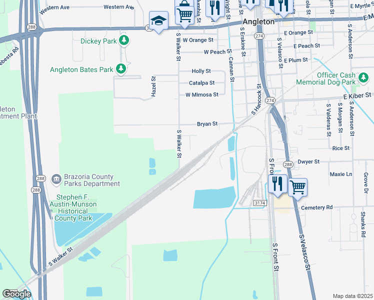 map of restaurants, bars, coffee shops, grocery stores, and more near 1012 Michelle Drive in Angleton