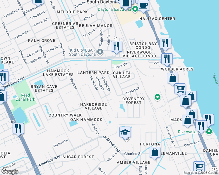 map of restaurants, bars, coffee shops, grocery stores, and more near 2837 Regent Crescent in Daytona Beach