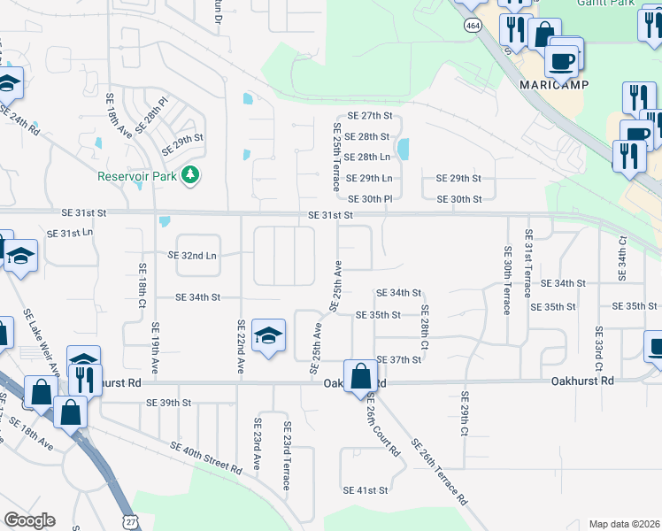 map of restaurants, bars, coffee shops, grocery stores, and more near 3271 Southeast 25th Avenue in Ocala