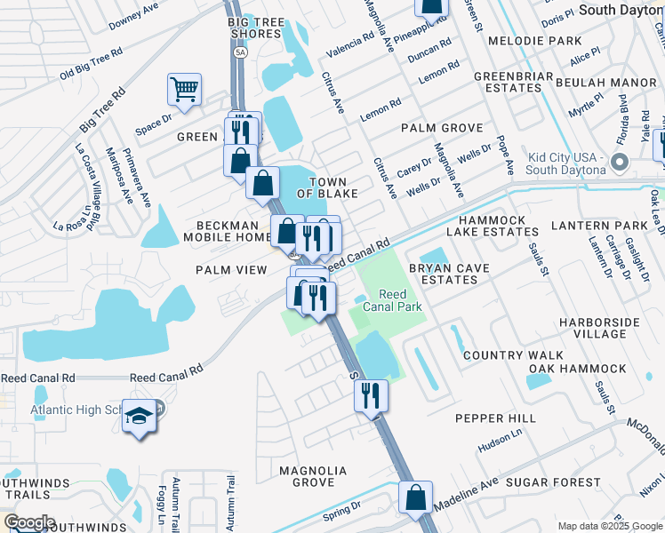 map of restaurants, bars, coffee shops, grocery stores, and more near 105 Apple in South Daytona