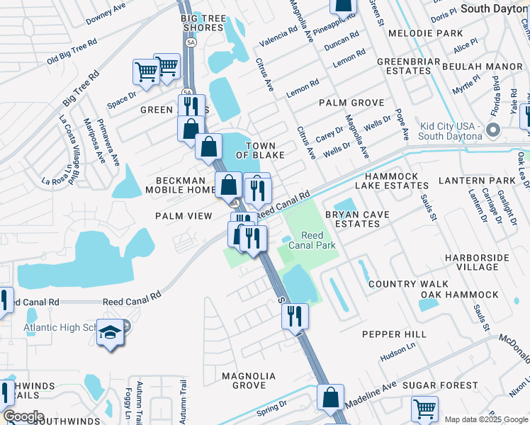 map of restaurants, bars, coffee shops, grocery stores, and more near 105 Apple in South Daytona