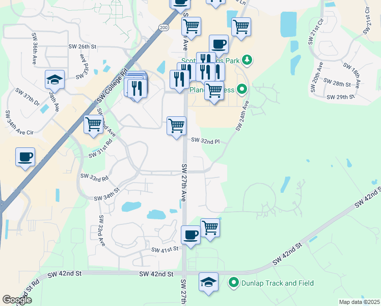 map of restaurants, bars, coffee shops, grocery stores, and more near 2684 Southwest 32nd Place in Ocala