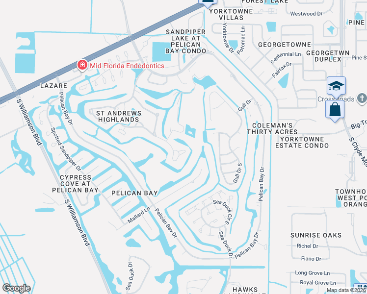map of restaurants, bars, coffee shops, grocery stores, and more near 549 Brown Pelican Drive in Daytona Beach