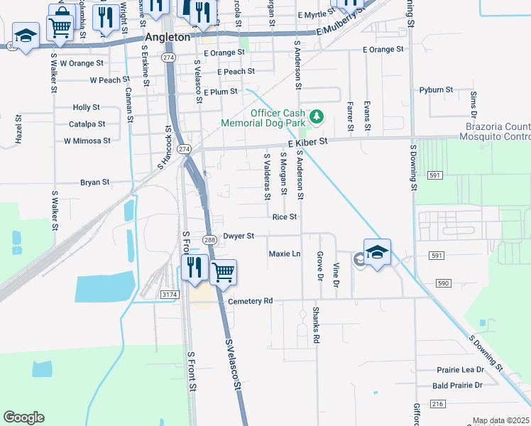 map of restaurants, bars, coffee shops, grocery stores, and more near 837 South Valderas Street in Angleton