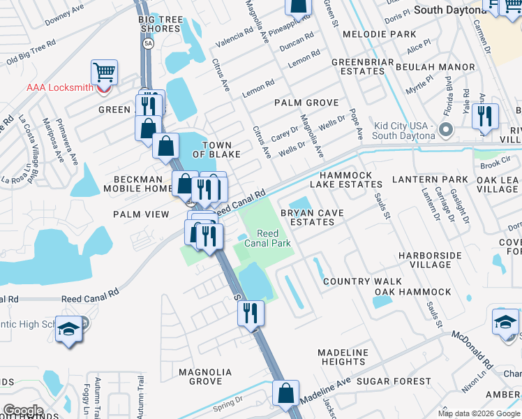 map of restaurants, bars, coffee shops, grocery stores, and more near 200 Lakeview Drive in South Daytona
