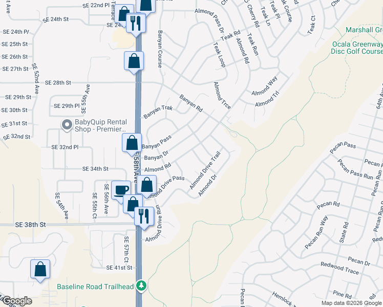 map of restaurants, bars, coffee shops, grocery stores, and more near 141 Almond Road in Ocala