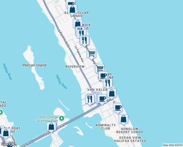 map of restaurants, bars, coffee shops, grocery stores, and more near 117 Dottie Avenue in Daytona Beach