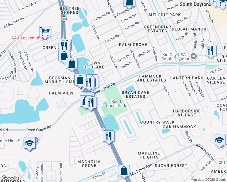 map of restaurants, bars, coffee shops, grocery stores, and more near 200 Lakeview Drive in South Daytona