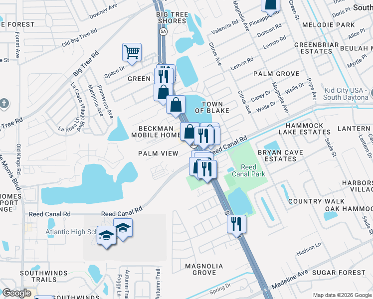 map of restaurants, bars, coffee shops, grocery stores, and more near 1018 Cutters Way in South Daytona
