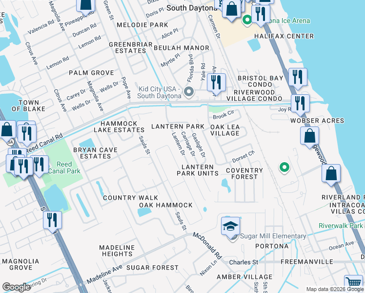 map of restaurants, bars, coffee shops, grocery stores, and more near 2927 Lantern Drive in South Daytona