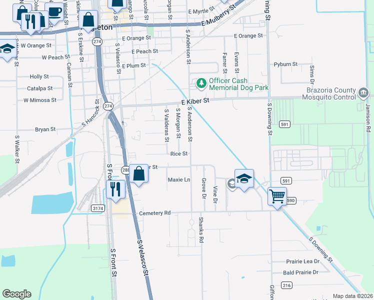 map of restaurants, bars, coffee shops, grocery stores, and more near 844 South Anderson Street in Angleton