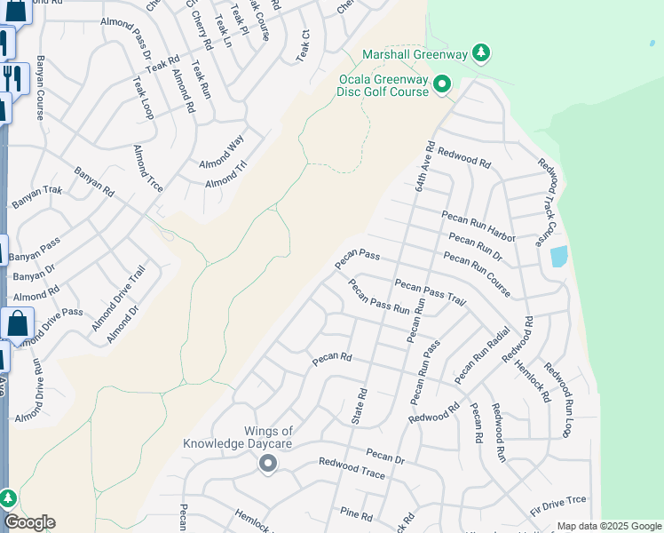 map of restaurants, bars, coffee shops, grocery stores, and more near 79 Pecan Pass in Ocala