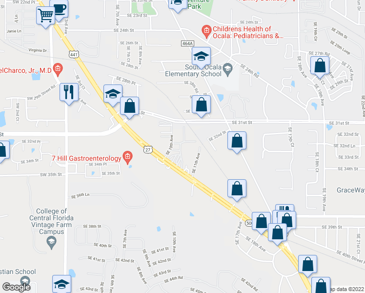 map of restaurants, bars, coffee shops, grocery stores, and more near 3401 South Pine Avenue in Ocala