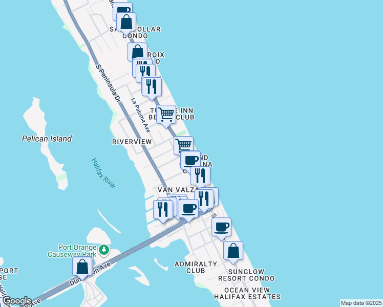 map of restaurants, bars, coffee shops, grocery stores, and more near 3315 South Atlantic Avenue in Daytona Beach
