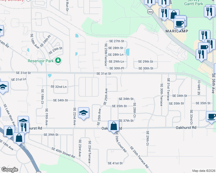 map of restaurants, bars, coffee shops, grocery stores, and more near 3271 Southeast 25th Avenue in Ocala