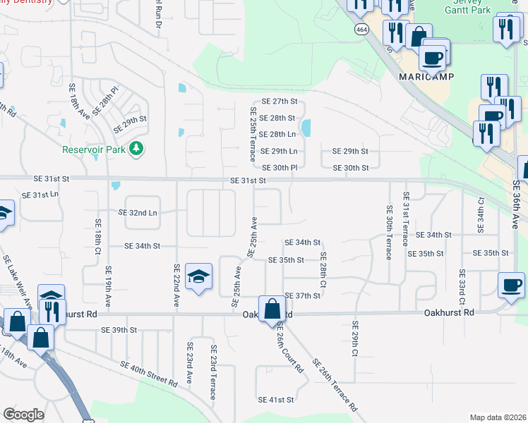 map of restaurants, bars, coffee shops, grocery stores, and more near 3271 Southeast 25th Avenue in Ocala