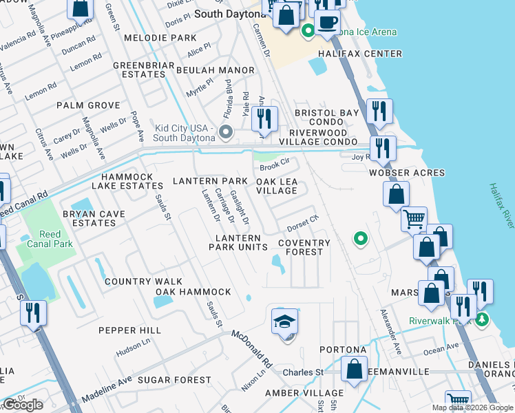 map of restaurants, bars, coffee shops, grocery stores, and more near 2839 Regent Crescent in Daytona Beach