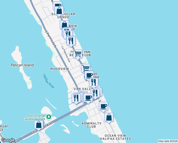map of restaurants, bars, coffee shops, grocery stores, and more near 3308 South Atlantic Avenue in Daytona Beach Shores