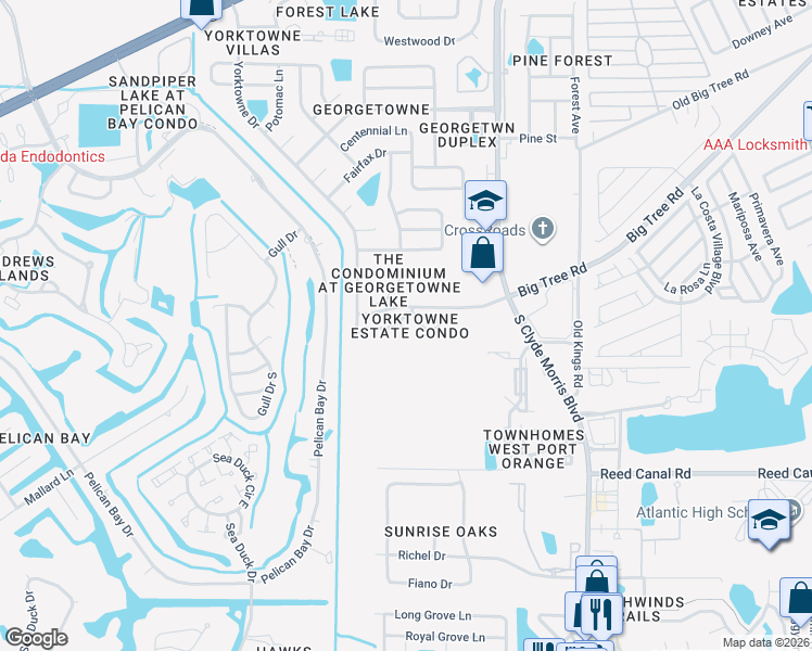 map of restaurants, bars, coffee shops, grocery stores, and more near 1601 Big Tree Road in South Daytona