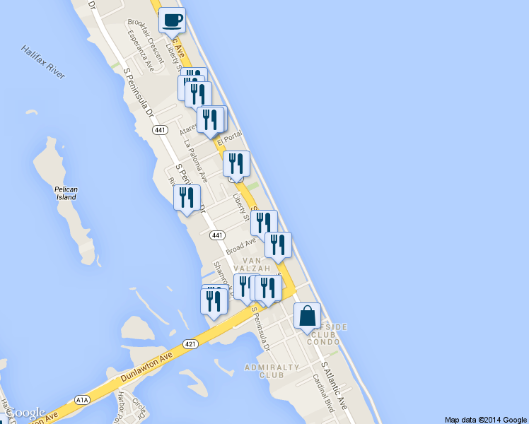 map of restaurants, bars, coffee shops, grocery stores, and more near 3308 South Atlantic Avenue in Daytona Beach Shores
