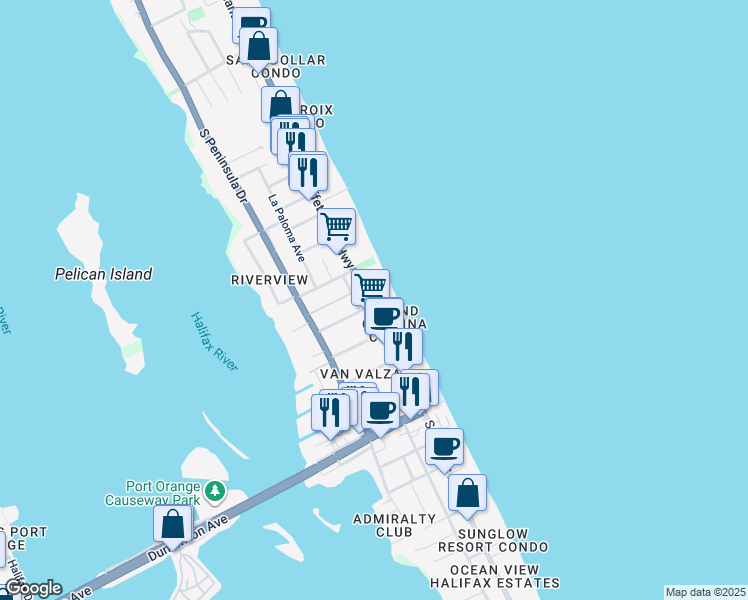 map of restaurants, bars, coffee shops, grocery stores, and more near 3308 South Atlantic Avenue in Daytona Beach Shores