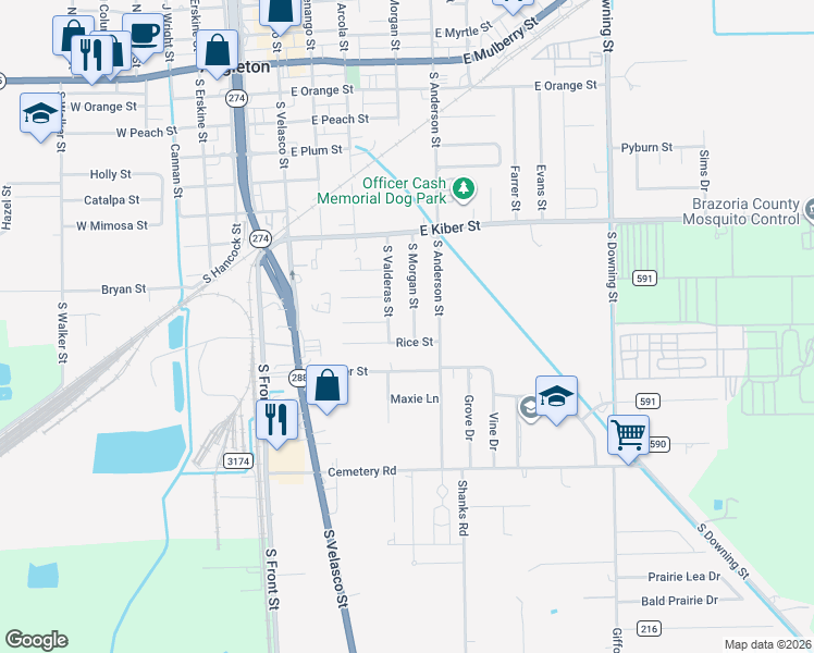 map of restaurants, bars, coffee shops, grocery stores, and more near 837 South Valderas Street in Angleton