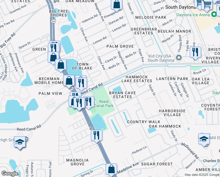 map of restaurants, bars, coffee shops, grocery stores, and more near 69 Bryan Cave Road in South Daytona
