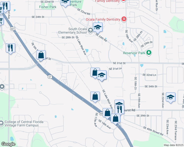 map of restaurants, bars, coffee shops, grocery stores, and more near 3240 Southeast Lake Weir Avenue in Ocala