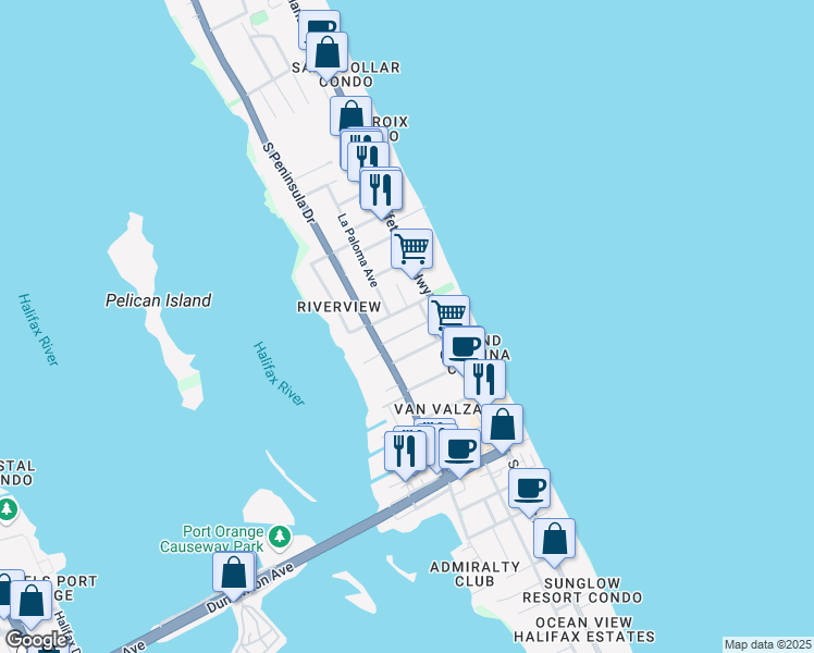 map of restaurants, bars, coffee shops, grocery stores, and more near 117 Dottie Avenue in Daytona Beach