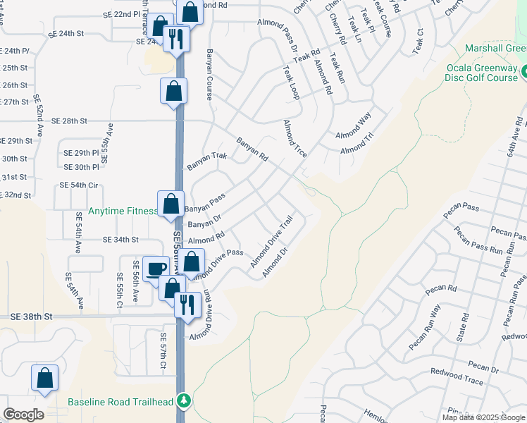 map of restaurants, bars, coffee shops, grocery stores, and more near 141 Almond Road in Ocala