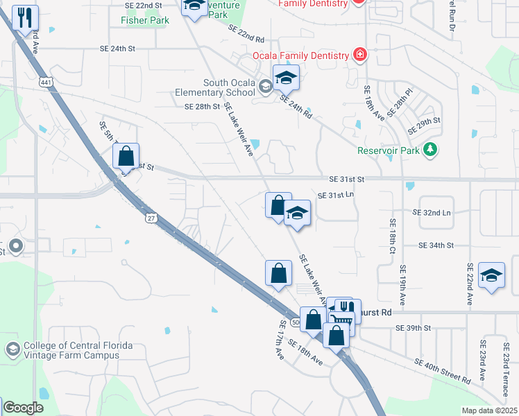 map of restaurants, bars, coffee shops, grocery stores, and more near 3240 Southeast Lake Weir Avenue in Ocala