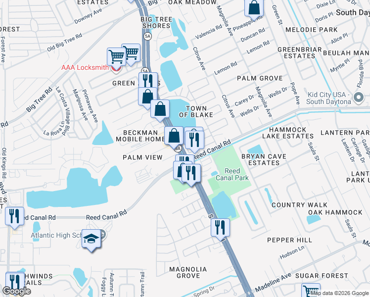 map of restaurants, bars, coffee shops, grocery stores, and more near 191 Front Street in South Daytona