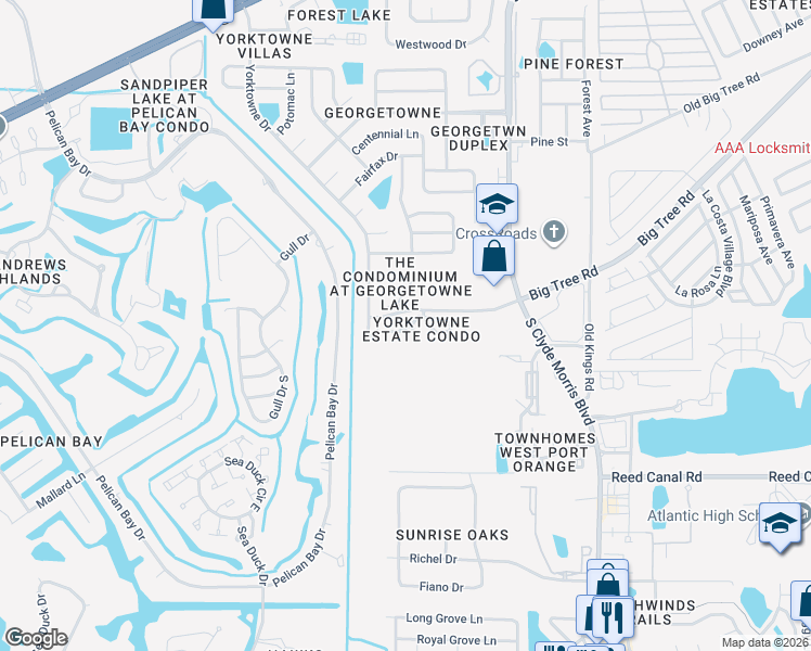 map of restaurants, bars, coffee shops, grocery stores, and more near 1601 Big Tree Road in Daytona Beach