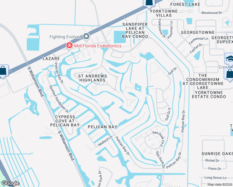 map of restaurants, bars, coffee shops, grocery stores, and more near 396 Brown Pelican Drive in Daytona Beach